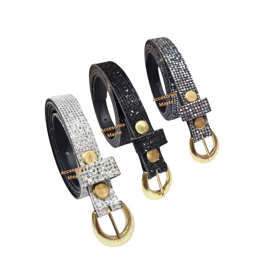 Kits de 3 Cintos Feminino com Brilho Glitter com fivela Dourado em Oferta na Shopee