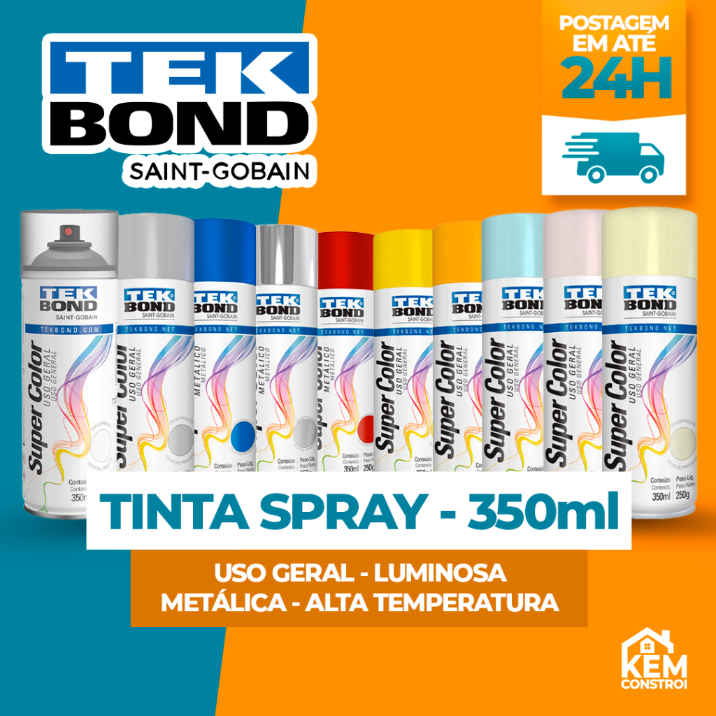 Tinta Spray 350ml Todas as Cores Uso Geral  Alta Temperatura Metálica Brilhante Luminosa  Tekbond