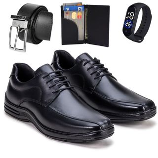 Sapato Masculino de Couro Legitimo Ortopédico Confortável Macio Cadarço Preto e Café + Cinto Carteira e Relógio Digital