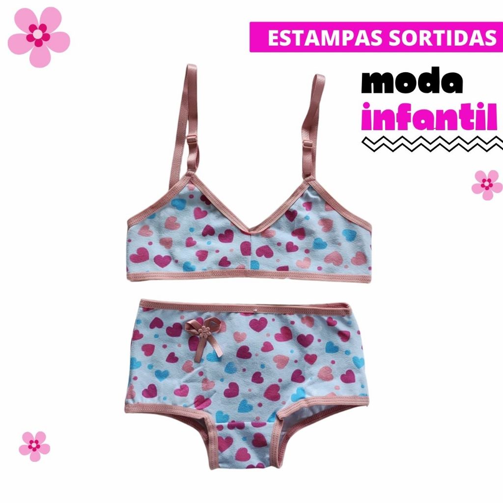 Conjunto Infantil Menina Lola Confortável P M G GG Algodão Calcinha Sutiã Estampado PROMOÇÃO