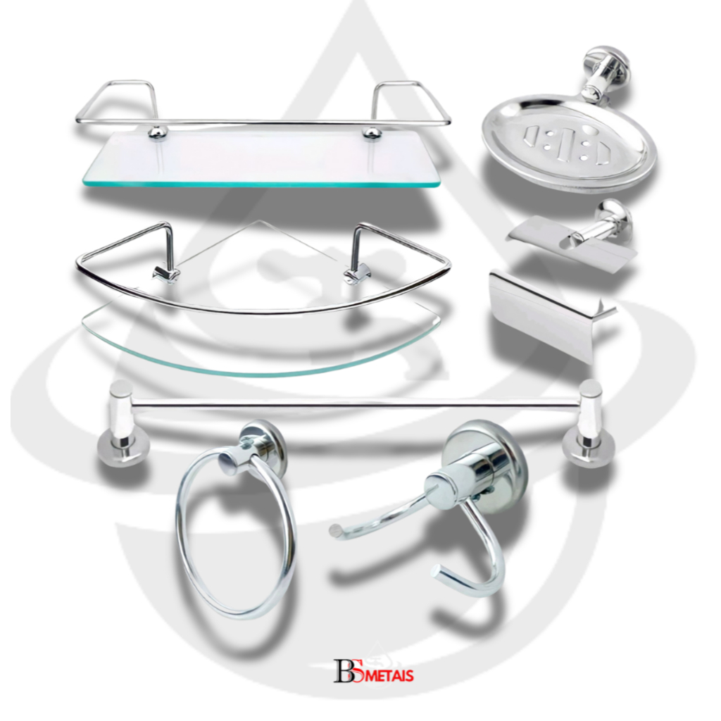 Kit Acessórios para Banheiro 5 Peças Inox Cromado Com 2 porta Shampoo de Vidro