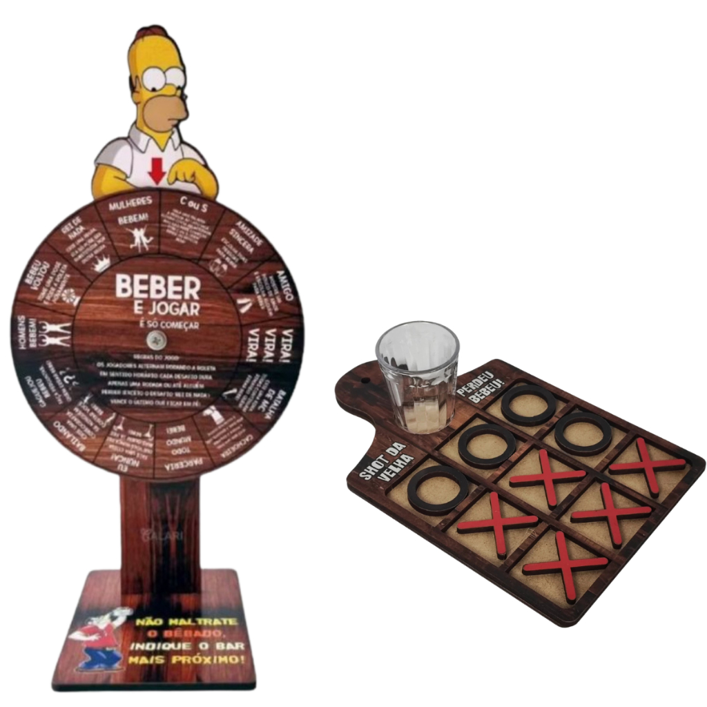 Kit roleta drink shot e tabuleiro jogo da velha mdf