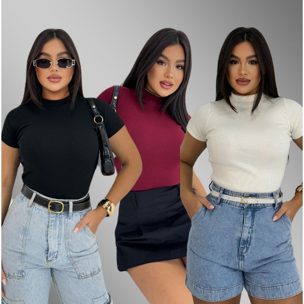 KIT 3 Blusas Ribana Premium Casual Moderna Gringa Basicas Canelado Manguinha Camiseta — imagem 2 de 2