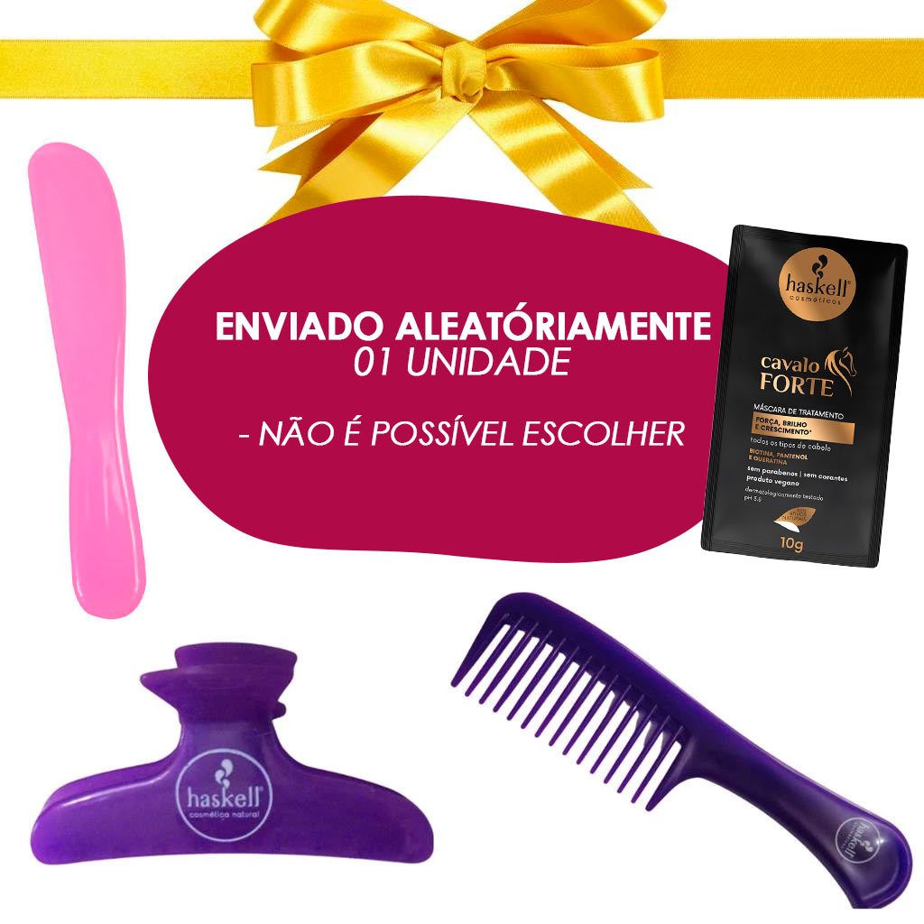 01 Unidade Mimo Aleatório Haskell: 01 Presilha 01 Pente de Cabelo 01 Sachê ou 01 Espátula para Creme