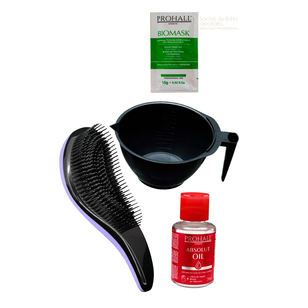 Kit de 4 Mimos Prohall: Escova Cumbuca Oleo7ml Sachê Aleatório