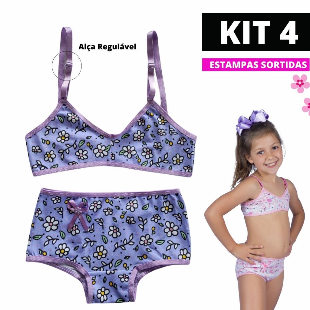 Kit 4 Conjunto Infantil Algodão Estampado Menina Lola Confortável Dia a Dia Calcinha Sutiã PROMOÇÃO
