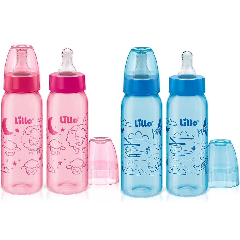 Kit 2 Mamadeiras Divertidas 240ml Bico 6+ Meses Azul Lillo