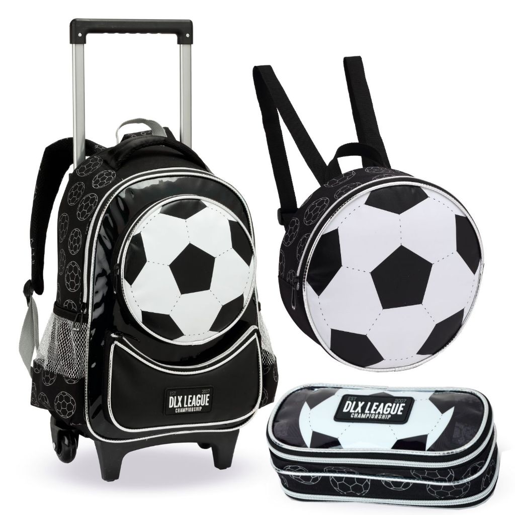 Kit Mochila Infantil Minino Com Rodinhas Futbol 3peças 16" Alto-Relevo