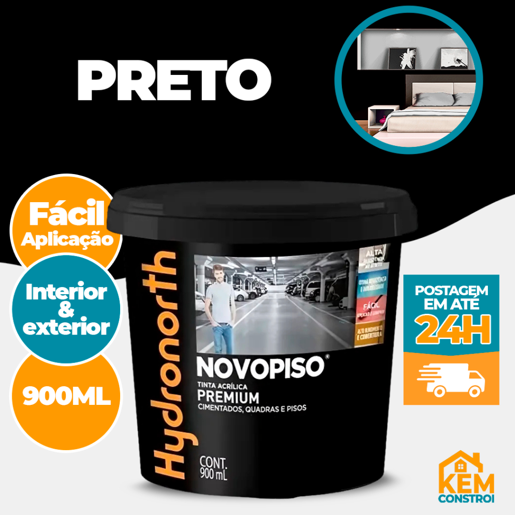 Tinta Acrílica para Piso Cor Preto p/ Calçada Garagem Quadra esportiva 3,6L Hydronorth