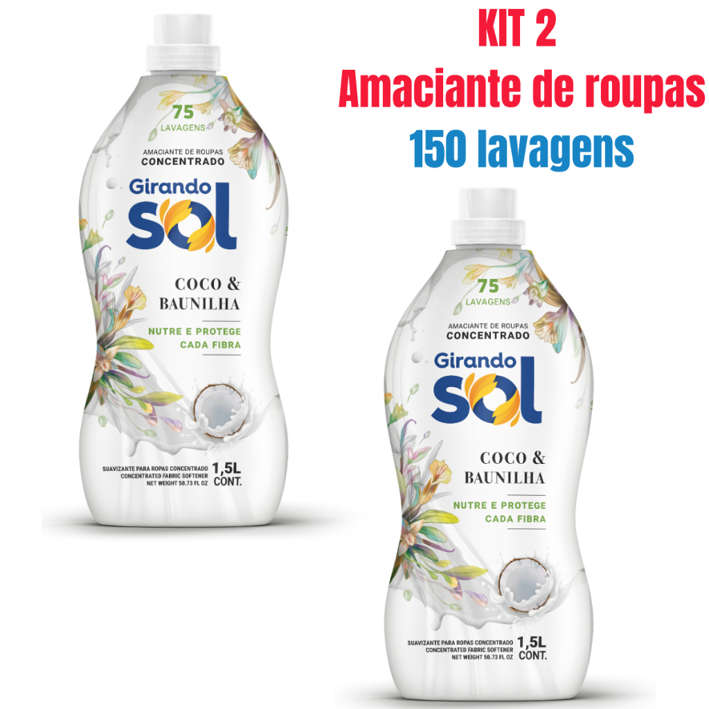 Kit 2 Amaciante Girando Sol Coco E Baunilha Concentrado 1,5L - Rende até 75 Lavagens Cada
