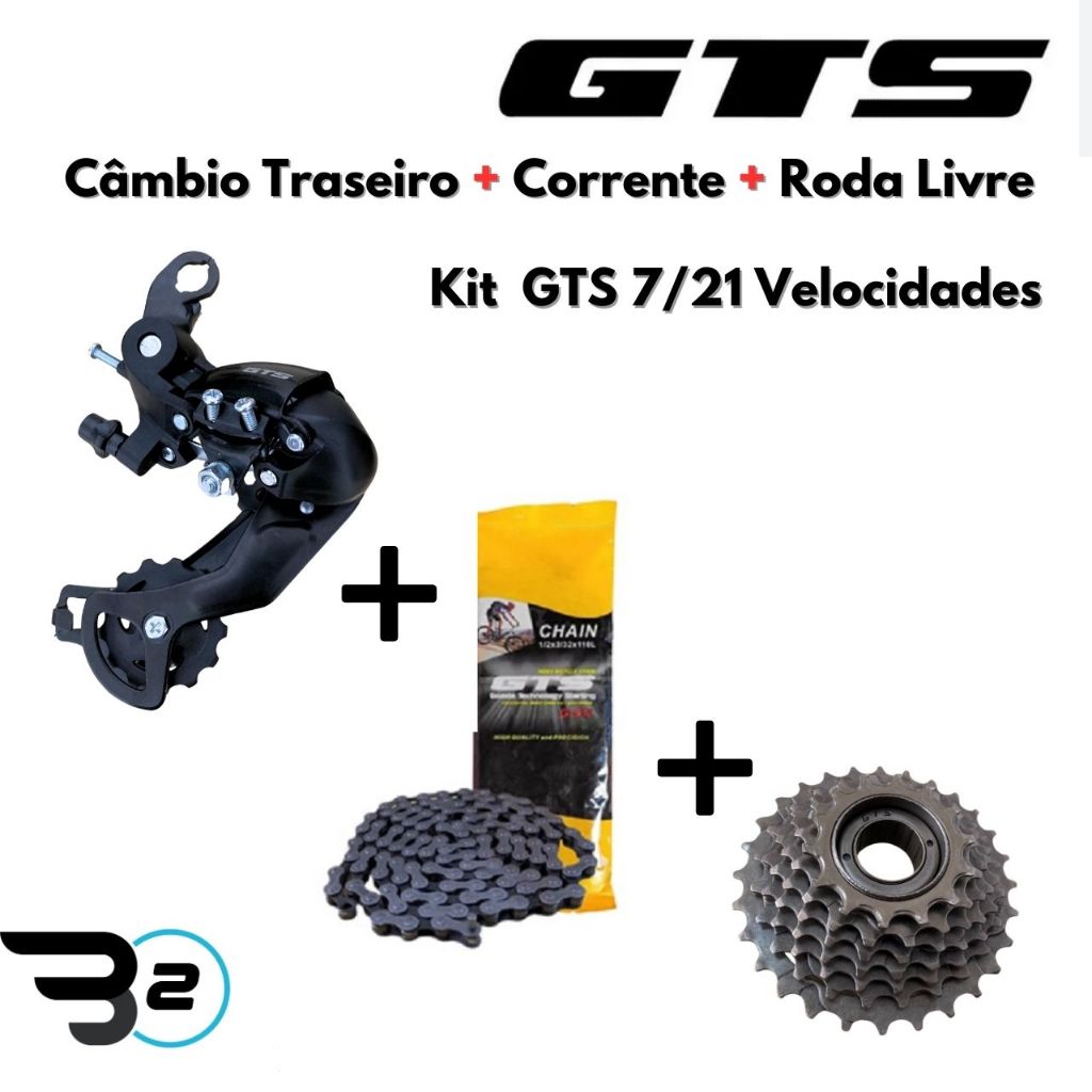 Cambio GTS + Corrente Fina Index GTS + Catraca Roda Livre 7V GTS p/ Bike Bicicleta Mtb Aro 26 29