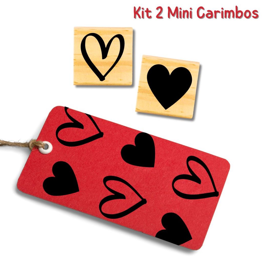 💕Kit 2 Carimbos Coração decorativo para sacola kraft embalagem caixa tags papel seda