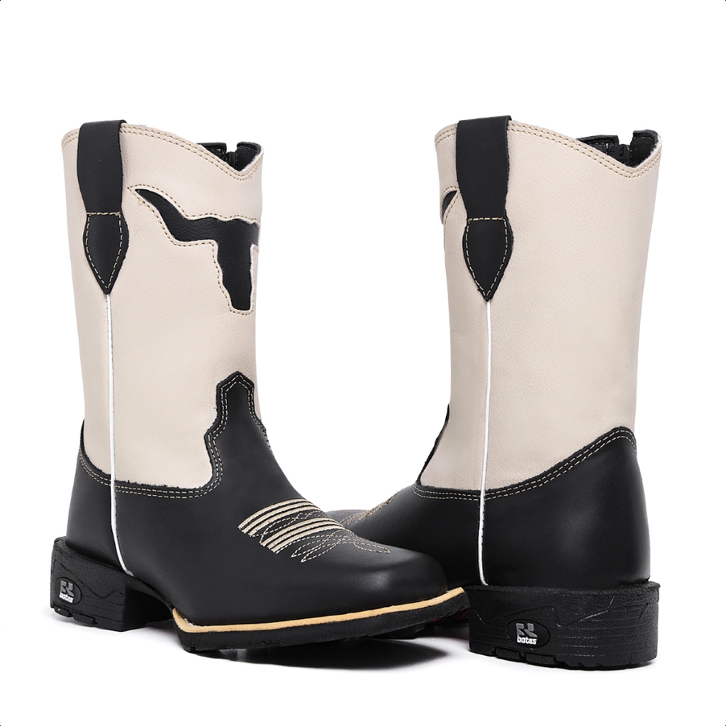 Bota Texana Infantil Unissex RR Botas Country em Couro Com Bordado Boi Bico Quadrado