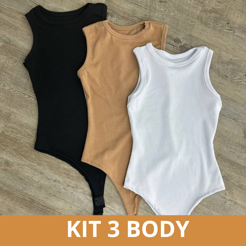 KIT 3 Body Canelado Feminino Regata Premium Anarruga Candy Colors