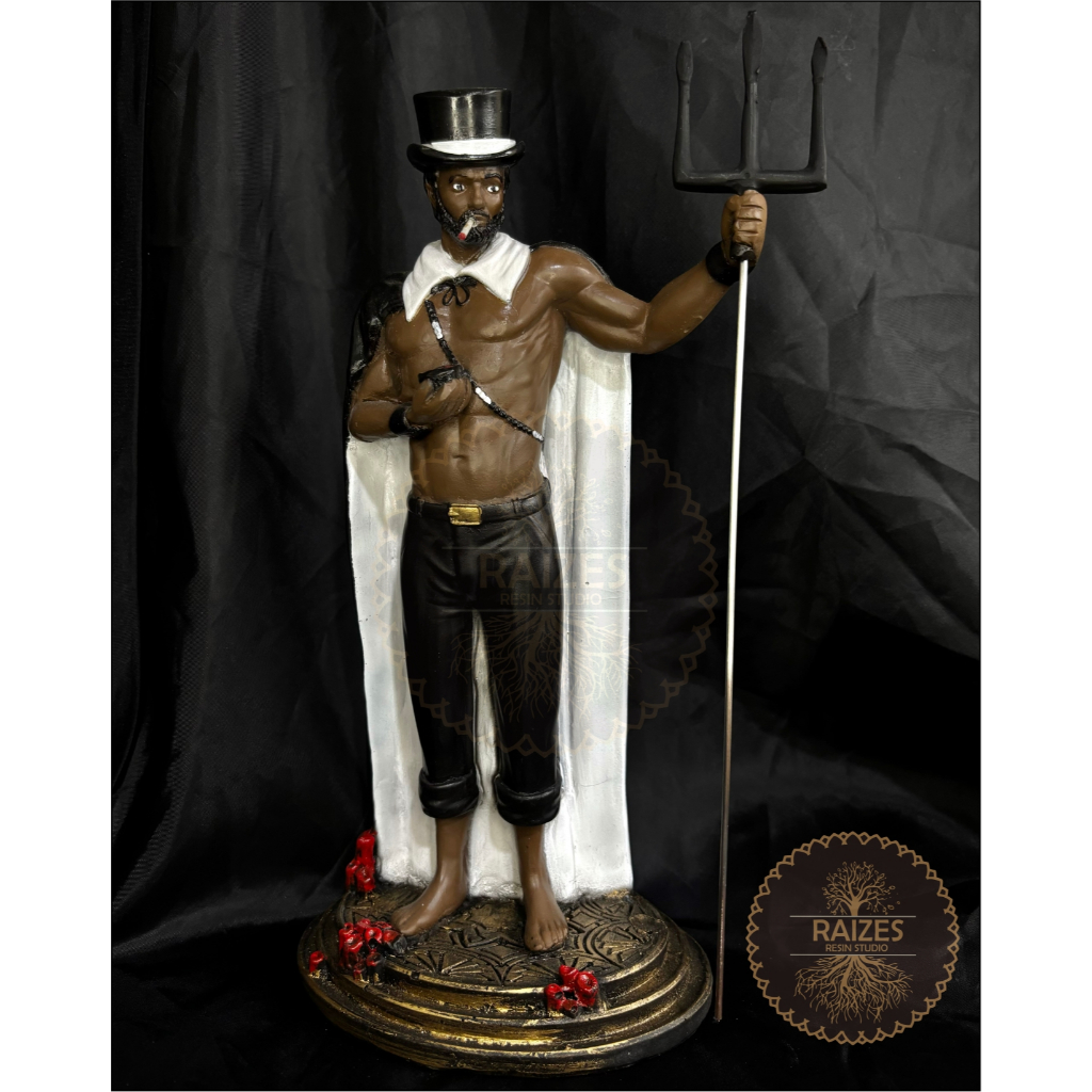 Estátua/Escultura Imagem Exu Tranca Rua das Almas com Copo e Trident Resina