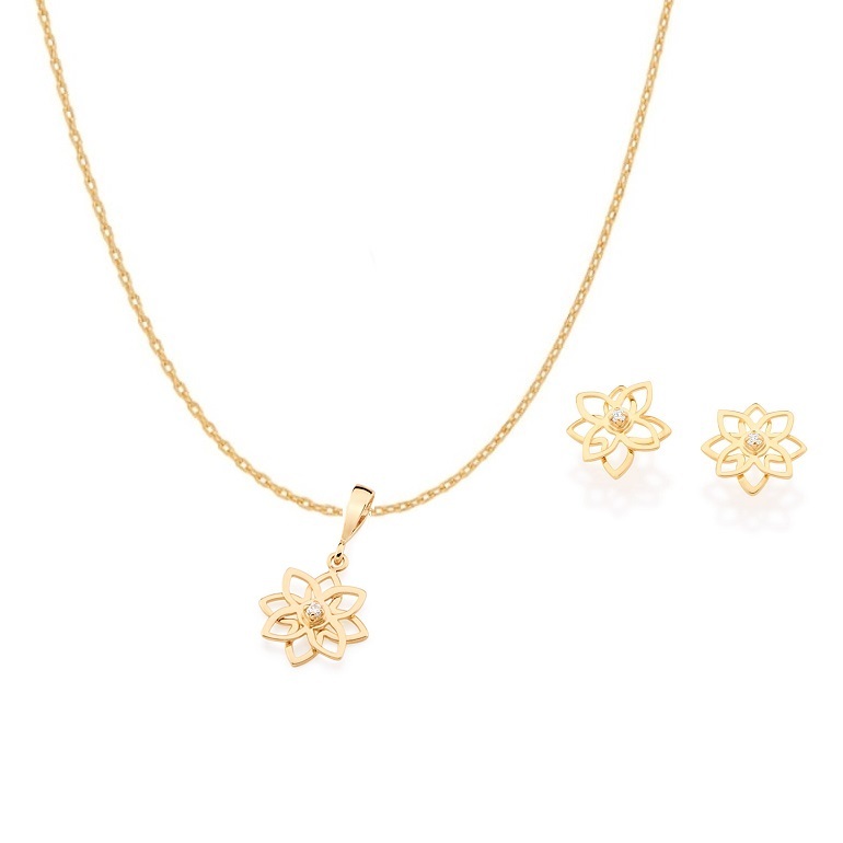 Conjunto Rommanel Colar Pingente e Brincos Flor de Lotus Cordão fio cadeado em Oferta na Shopee