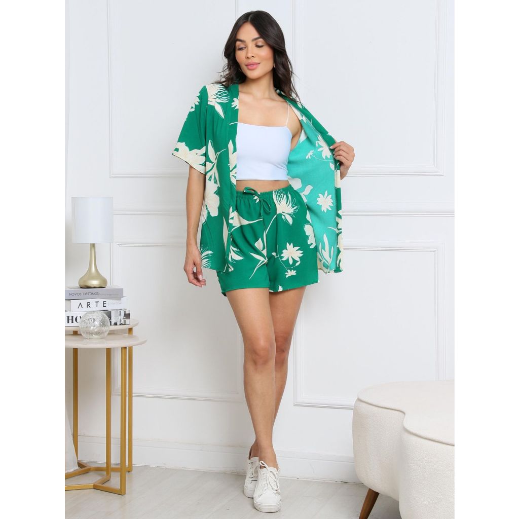 Conjunto Feminino De Verão Kimono E Short Com Estampas Variadas
