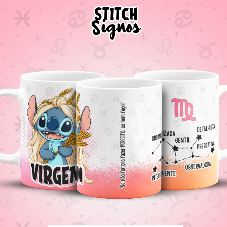 Imagem Caneca Personalizada Porcelana Signos Signo Stitch Virgem Leão Libra Aquário Peixes Escorpião Aries Touro Gemeos Cancer
