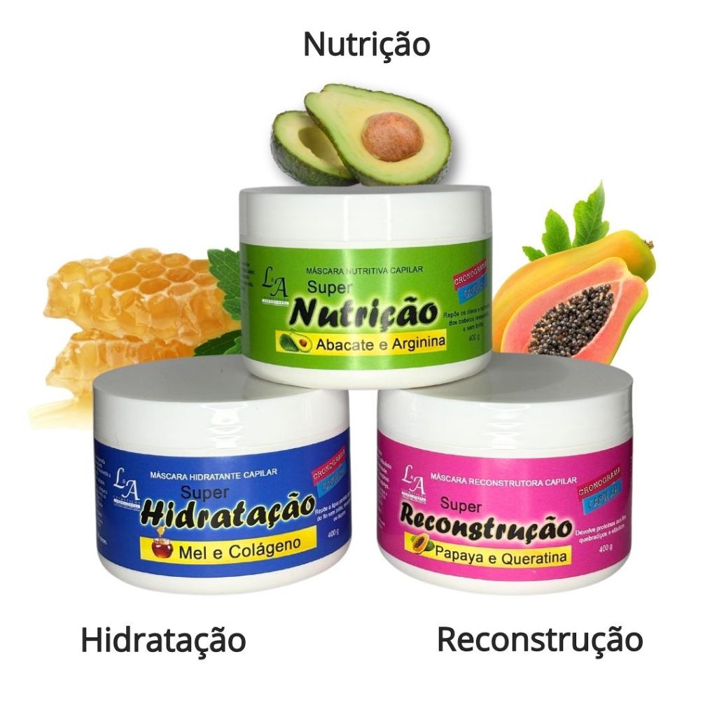 Kit Cronograma Capilar Completo: Reconstrução(Papaya), Hidratação (Mel) e Nutrição (Abacate) 3x300g