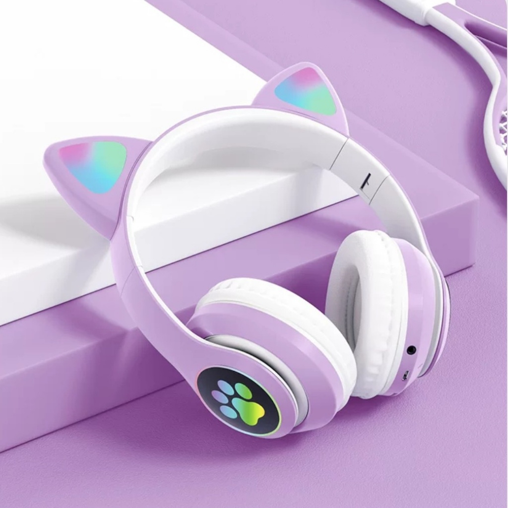 Fone De Ouvido Orelha De Gato Gatinho Cat Bluetooth Ear Com Led Rgb Headphone