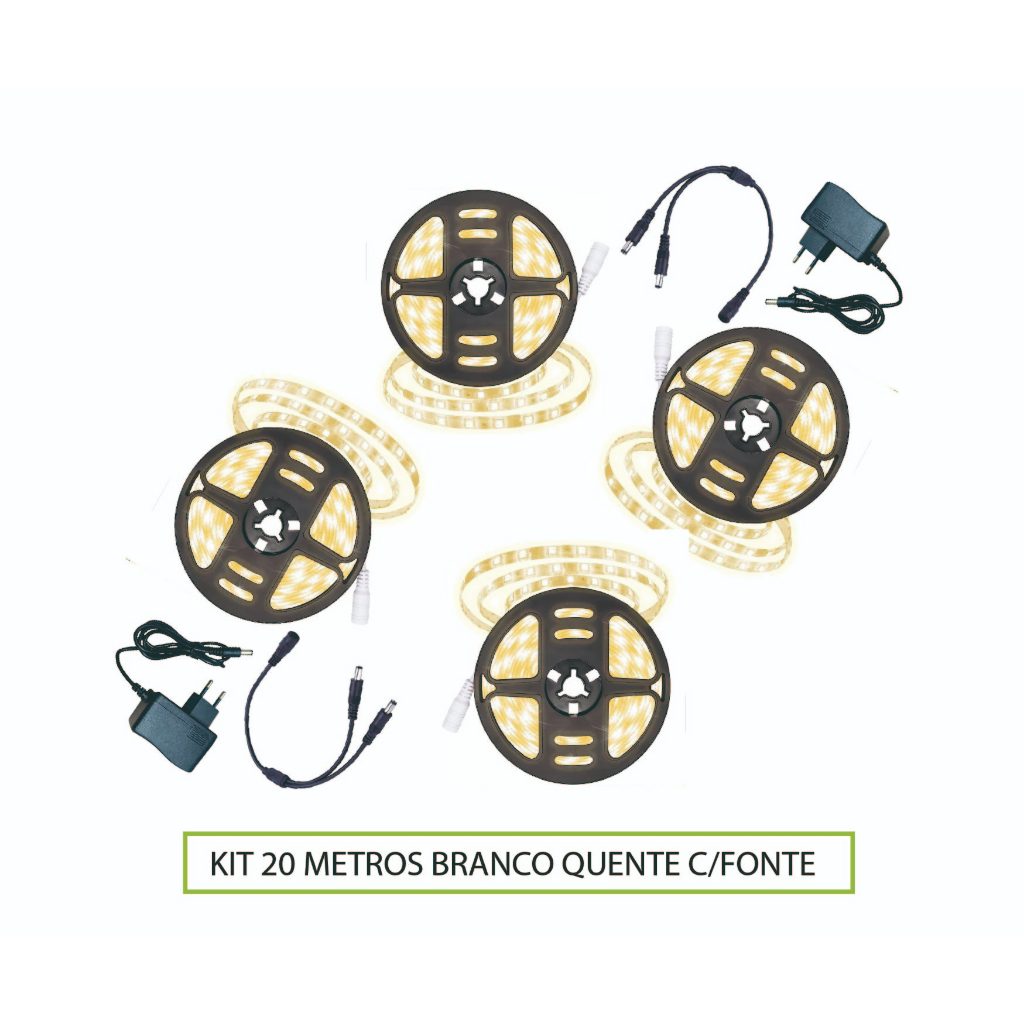 KIT 5 10 20 metros Fita de Led Branco Quente 300 600 1200 LEDS 2835+Fonte 12V Decoração Quarto SANCA