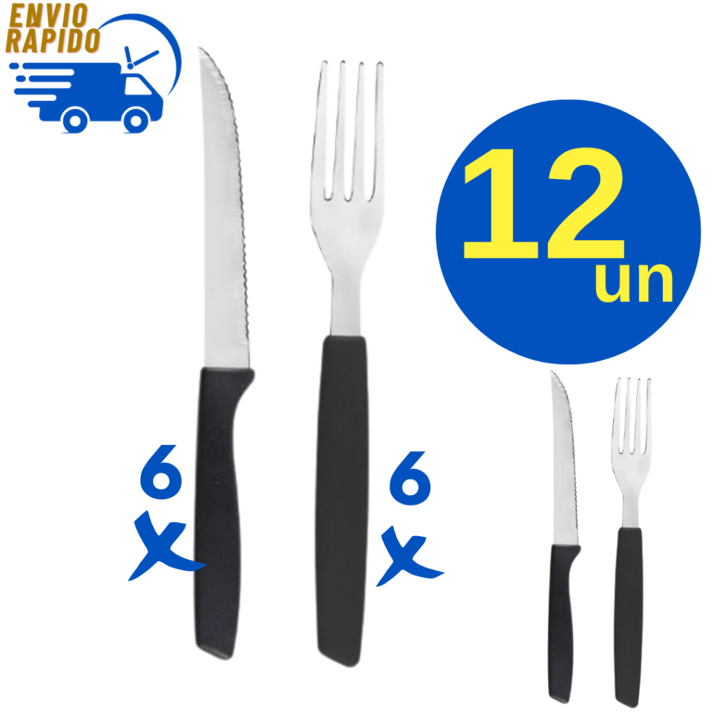 Kit 6 Facas Inox de Mesa Cabo Preto + 6 Garfo Inox de Mesa Cabo Preto para Casas Restaurantes Buffet Pizzaria Padaria