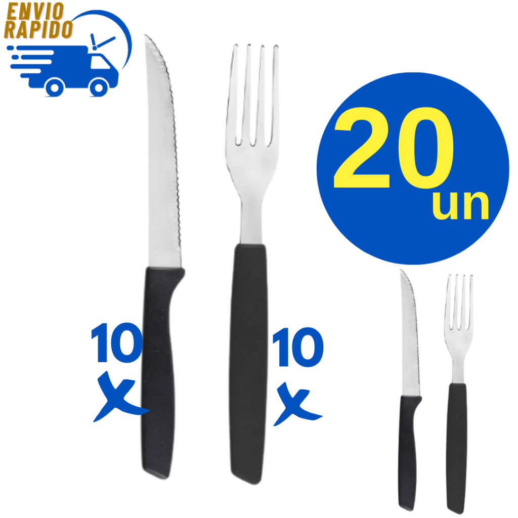 Kit 10 Facas Inox de Mesa Cabo Preto 10 Garfo Inox de Mesa Cabo Preto para Casa Restaurantes Pizzaria Padaria Lanchonete