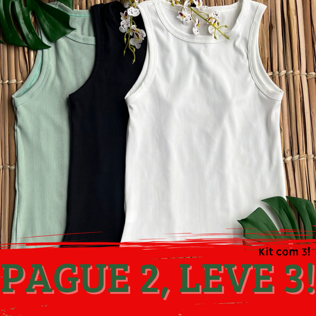 Kit 3 Regata Feminina Canelada Lisa Camiseta Básica Blusa Feminino Casual Verão