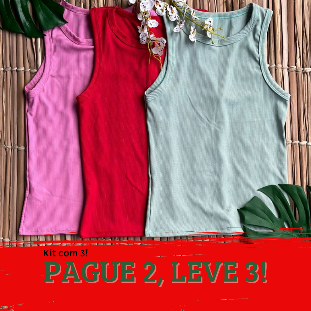 Kit 3 Regata Feminina Canelada Lisa Camiseta Básica Blusa Feminino Casual Verão