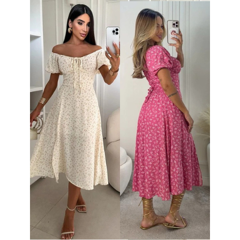 0 Vestido Mídi Romântico Estampado  Floral com Manguinha e Elastex Cruzado Costa Moda 2026 em Oferta na Shopee