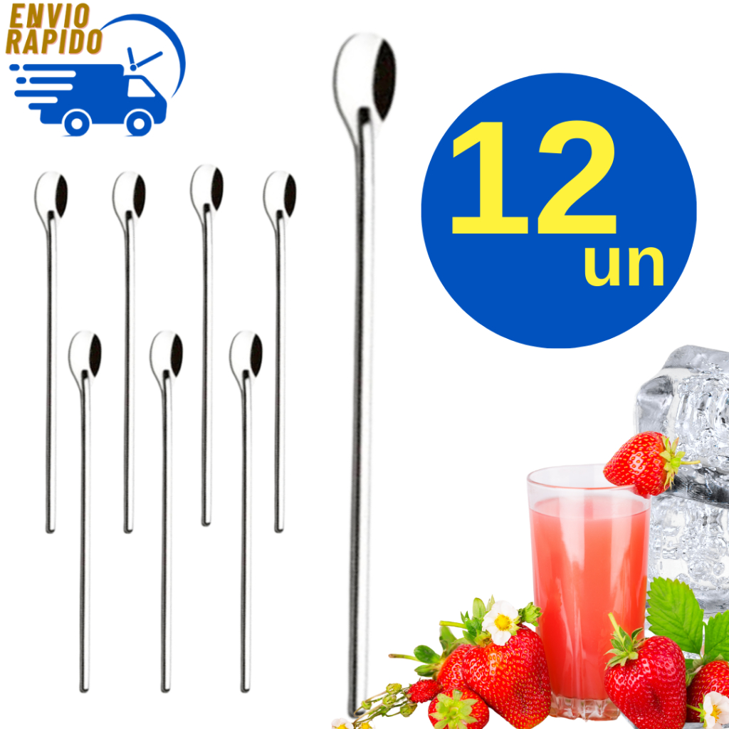 Kit 12 Colher de suco Inox 30,2 cm Misturar Bebida Coquetél Refrigerante para Casa Bares Restaurante Pizzaria Lanchonete
