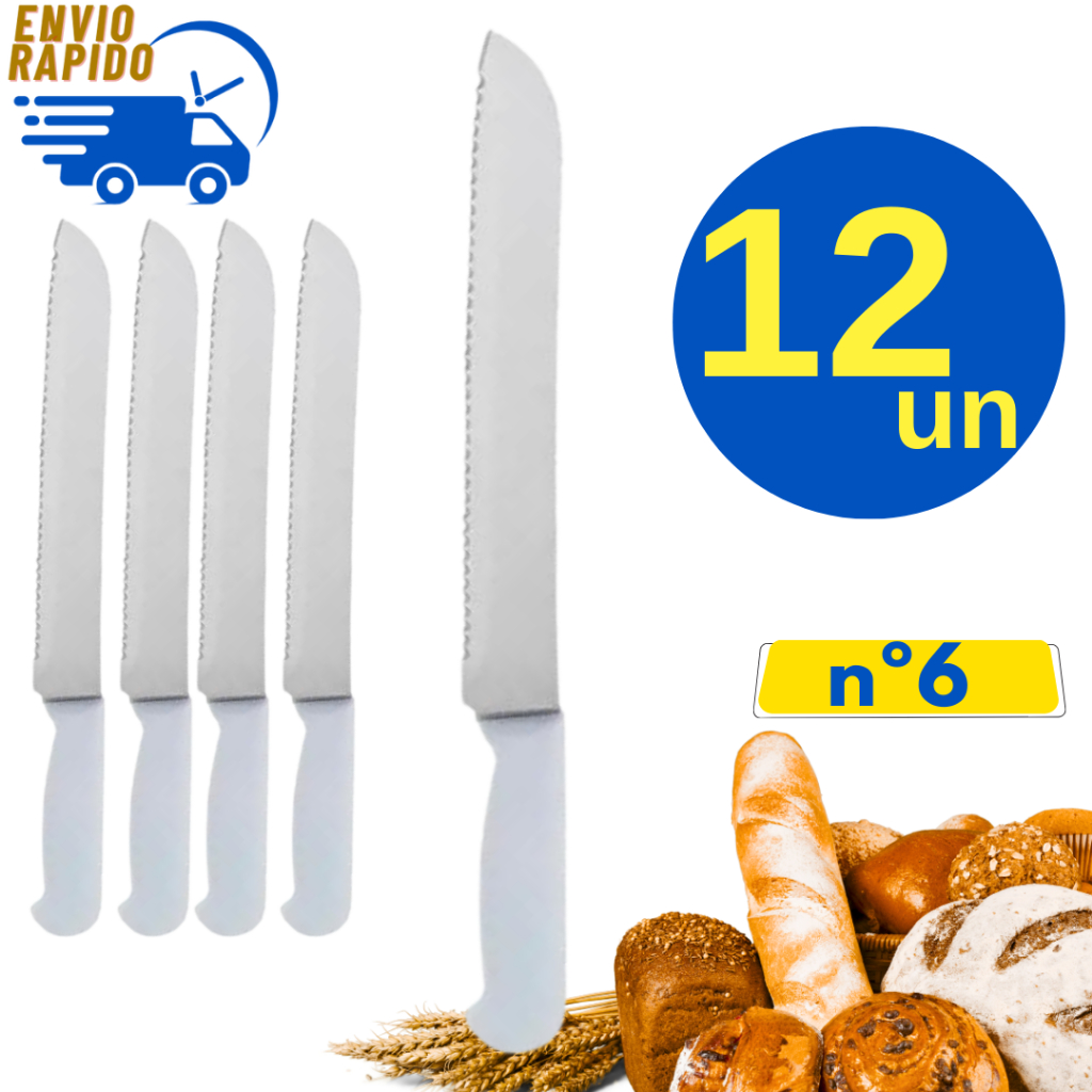 Kit 12 Faca Pão Profissional 8 Polegadas Aço Inox Cabo Branco Lâmina Longa Cozinha Casa Padaria Restaurante Casas Buffet
