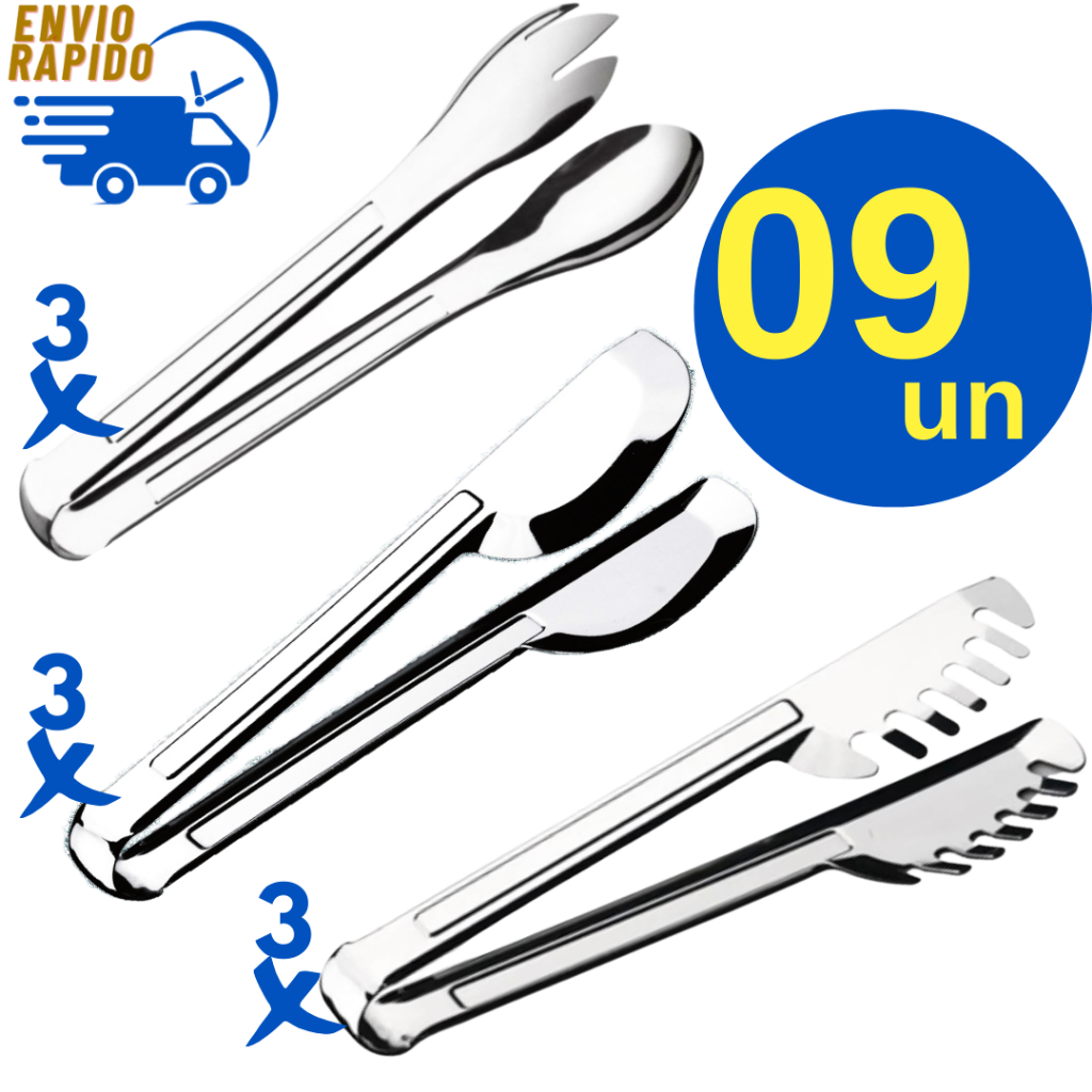 Kit 9 Peças 3 Pegadores Universal + 3 Salada +  3 Massa Para Cozinha Em Inox Para Restaurante Lanchonete Doceria Buffet