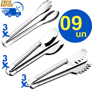 Kit 9 Peças 3 Pegadores Universal + 3 Salada +  3 Massa Para Cozinha Em Inox Para Restaurante Lanchonete Doceria Buffet