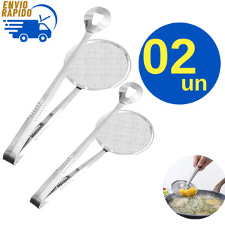 Kit 2 Escumadeira Fritura Em Inox Com Pinça Pegador E Peneira Para Pastel Salgados Restaurante Pastelaria Salgateria