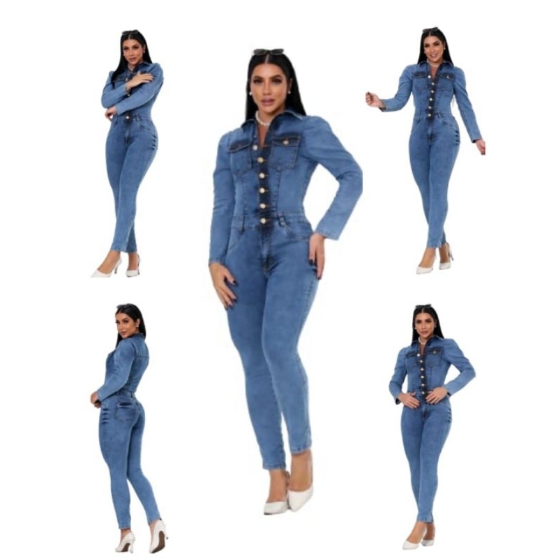 Macacão Manga Longa Bufante Jeans Feminino Longo Desejos