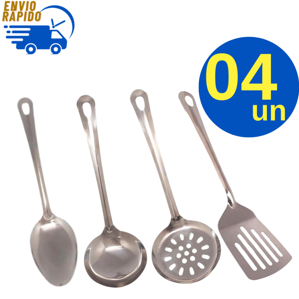 Kit Concha Escumadeira Colher de Arroz e Espátula Vazada Inox para Cozinha Casa Restaurante Buffet em Oferta na Shopee