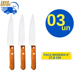 Kit 3 Faca Inox Cabo de Madeira 6 Polegadas Lâmina Inox Para Cozinha Casa Açougue Restaurante