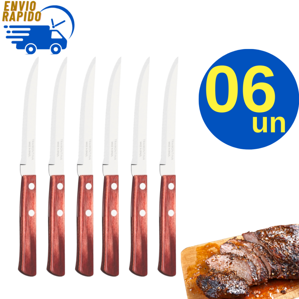 Kit 6 Faca De Mesa Para Churrasco Cabo Madeira Casa Família Churrascaria Restaurante