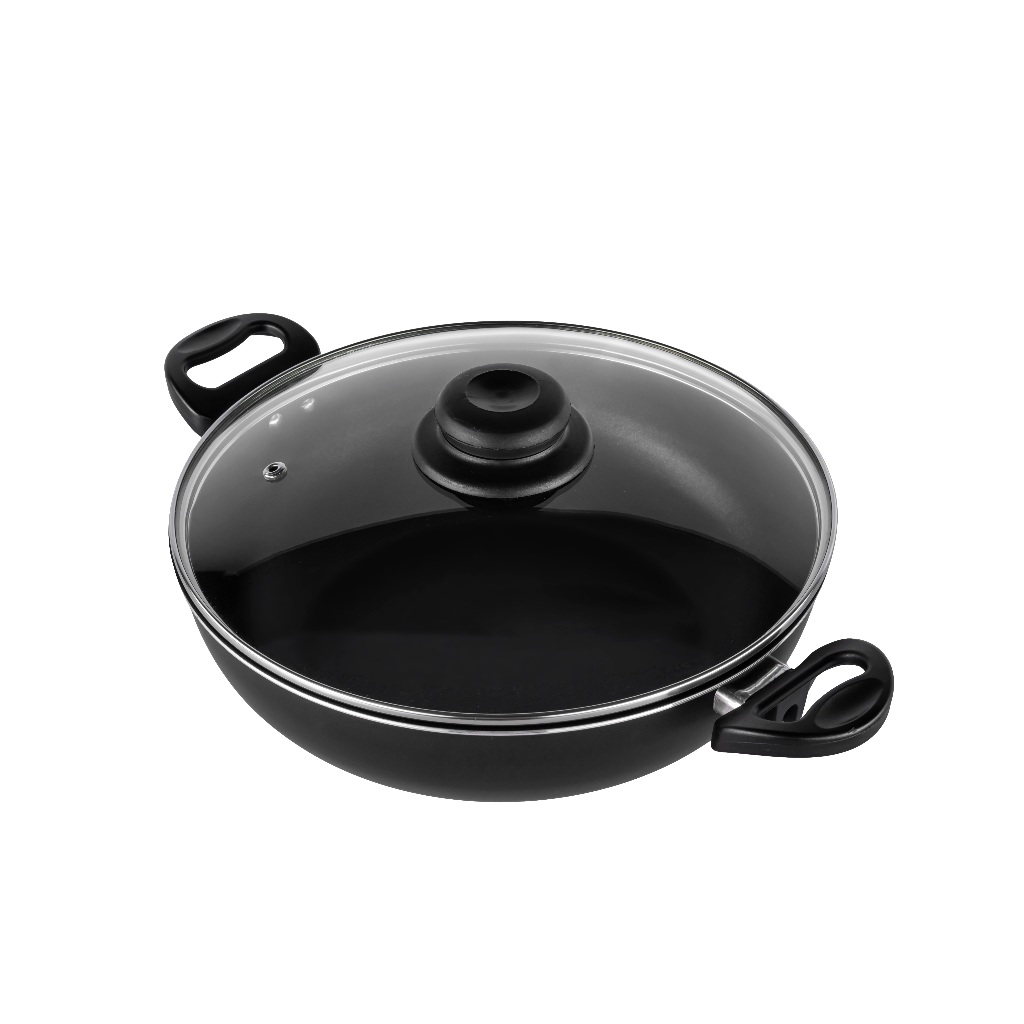 Imagem Frigideira Wok Antiaderente Tacho Profissional Grande Teflon 28 cm Tampa de Vidro