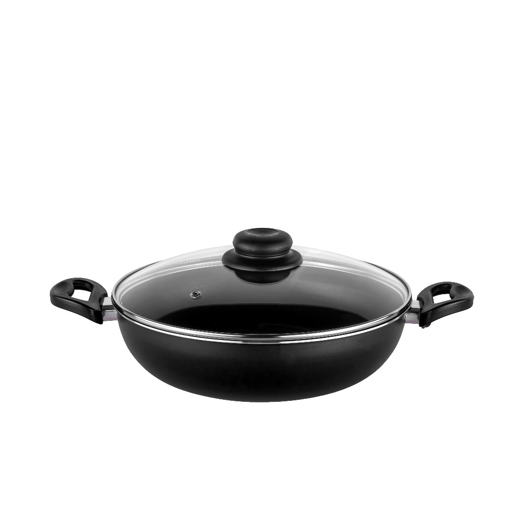 Frigideira Wok Antiaderente Caçarola Grande 30 cm Funda Grossa  Tampa de Vidro