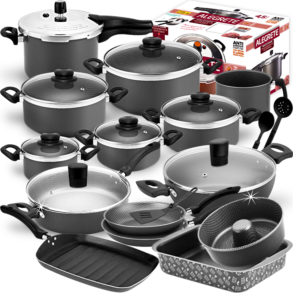 Mega Conjunto De Panelas Forte Antiaderente + Pressão 4,5L + Formas +Wok + Bistequeira 17 Peças