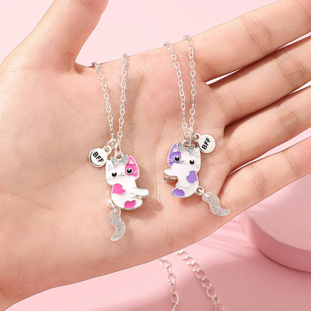 Colar Duplo de Amizade BFF Best Friends para 2 Melhores Amigas, Colares Magnéticos Cordão Gatinhos