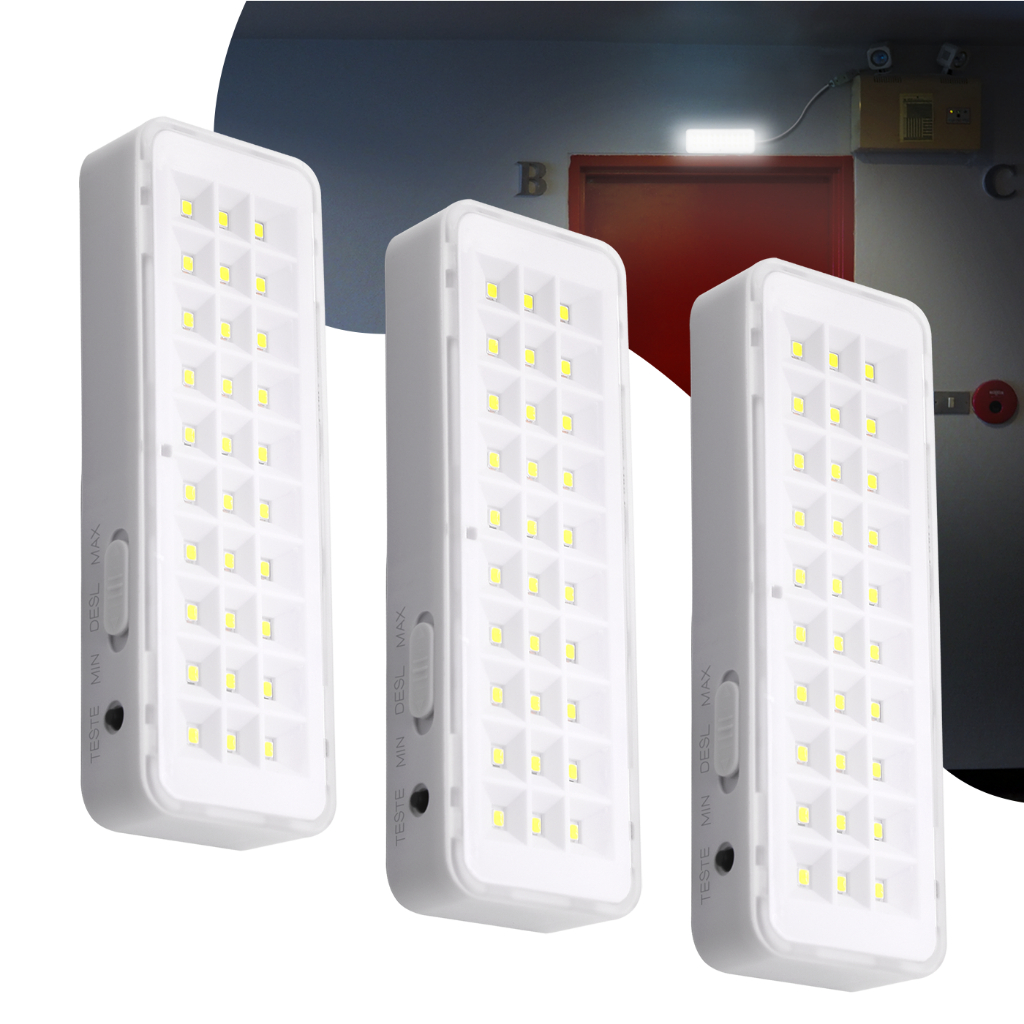 Kit 3 Luminária de Emergência Bateria Recarregável 30 leds Lâmpada Luz Branco Frio Bivolt ...