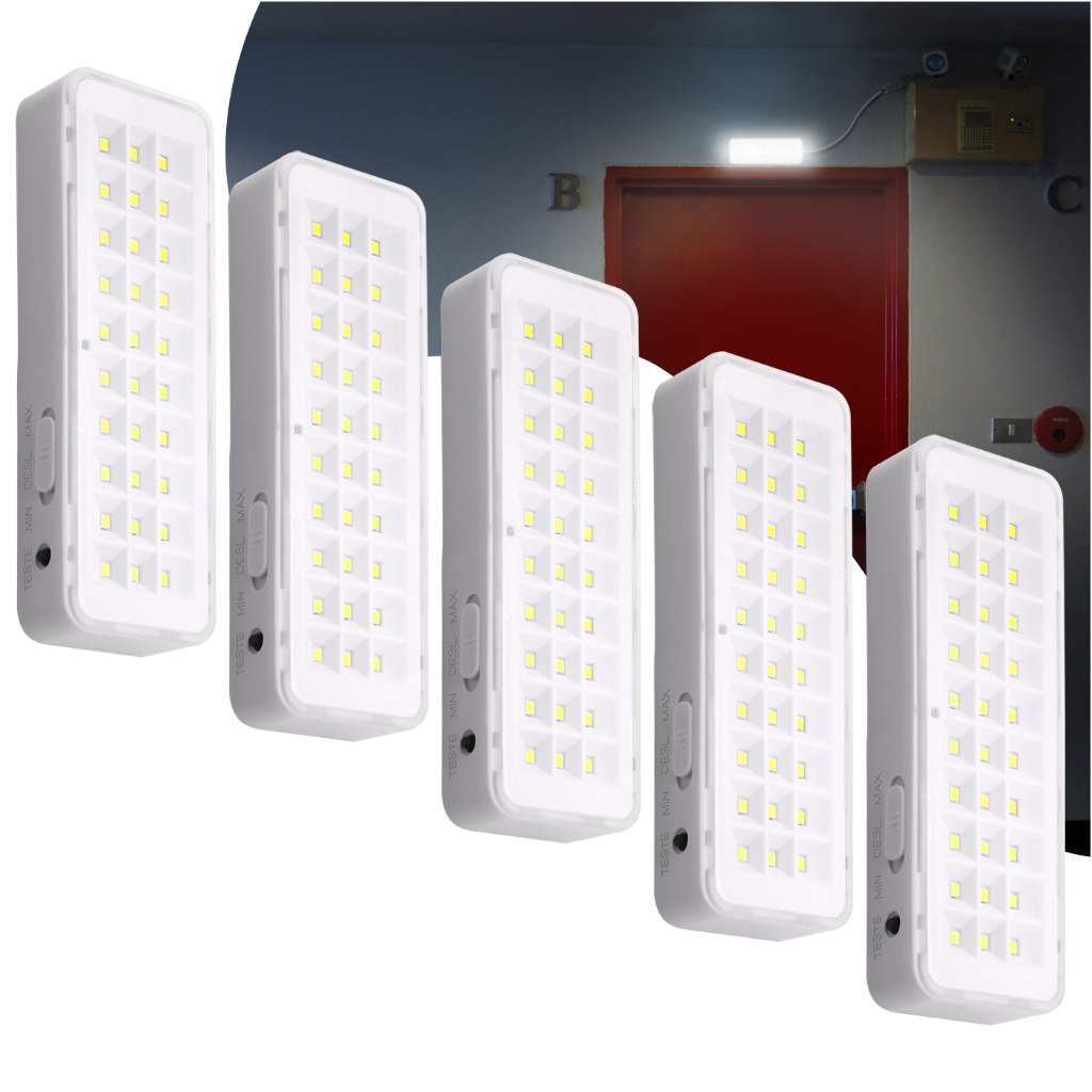 Kit 5 Luminária de Emergência Bateria Recarregável 30 leds Lâmpada Luz Branco Frio Bivolt ...