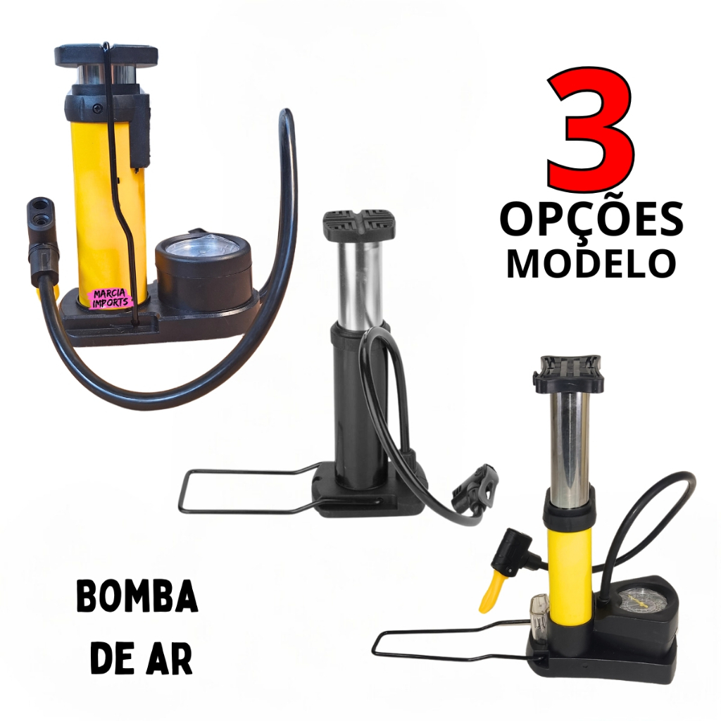 Bomba De Ar Pneu Três  Opções c/s Manomêtro 160 Psi Para Pneu Carro, Moto, Bicicleta. Bolas Com Suporte Para Bicos