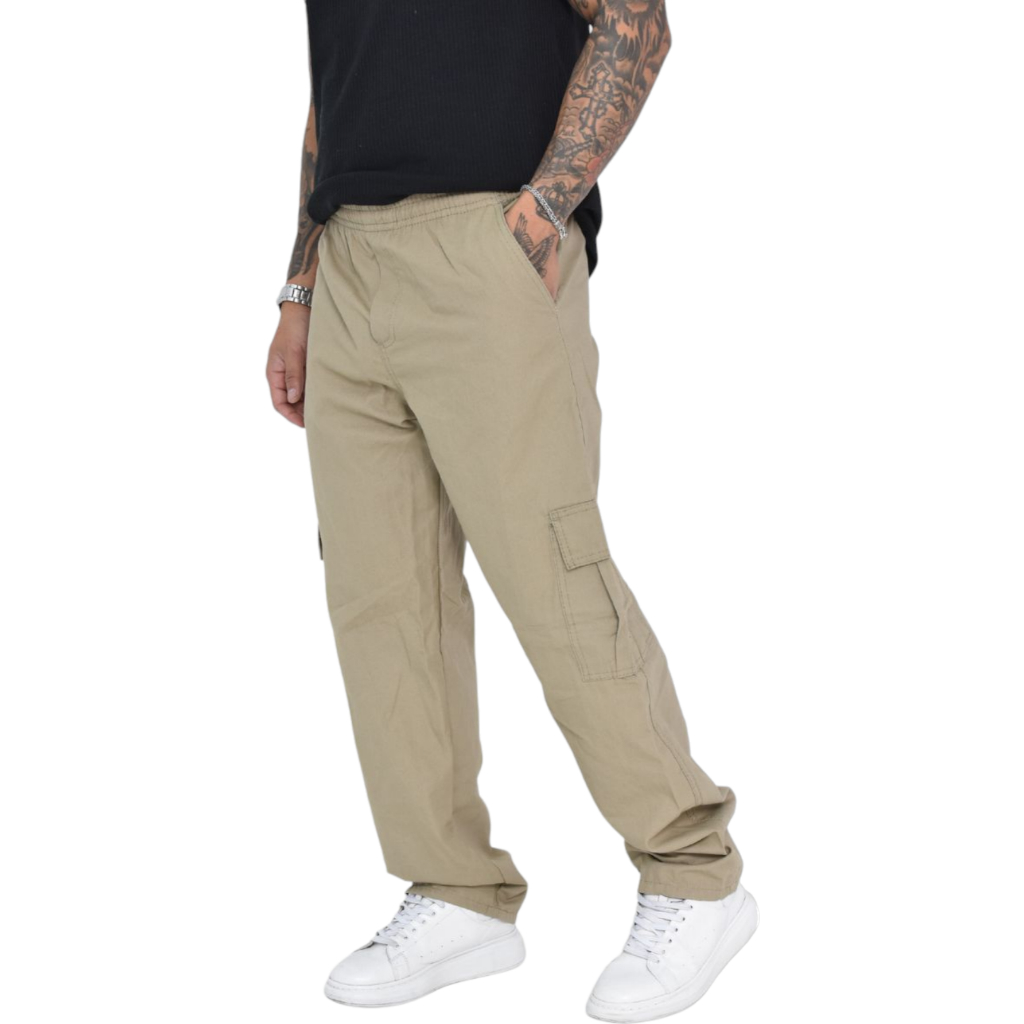 Calça Cargo jeans e sarja Larga Masculina Skate Caqui 6 Bolsos Fechamento Cordão unisex