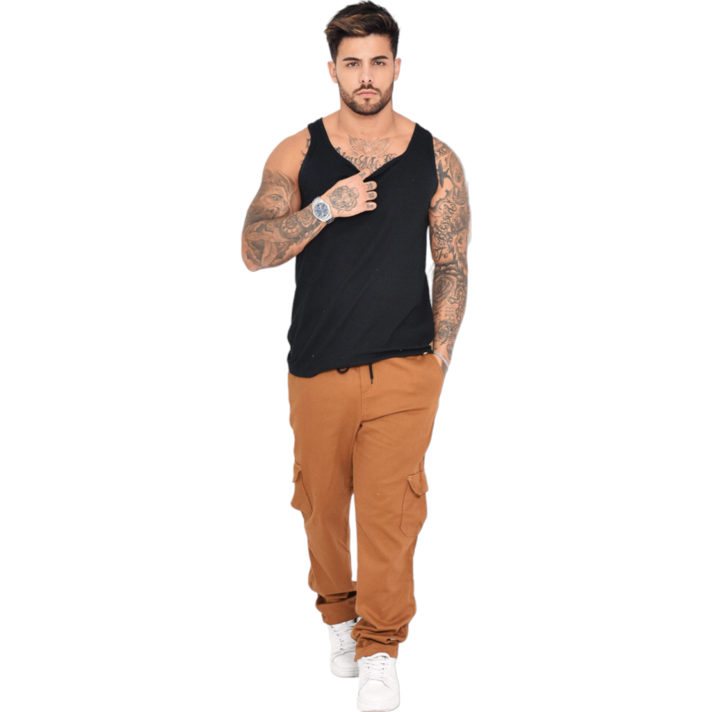 calça cargo masculina brim profissional uniforme casual trabalho com bolso lateral