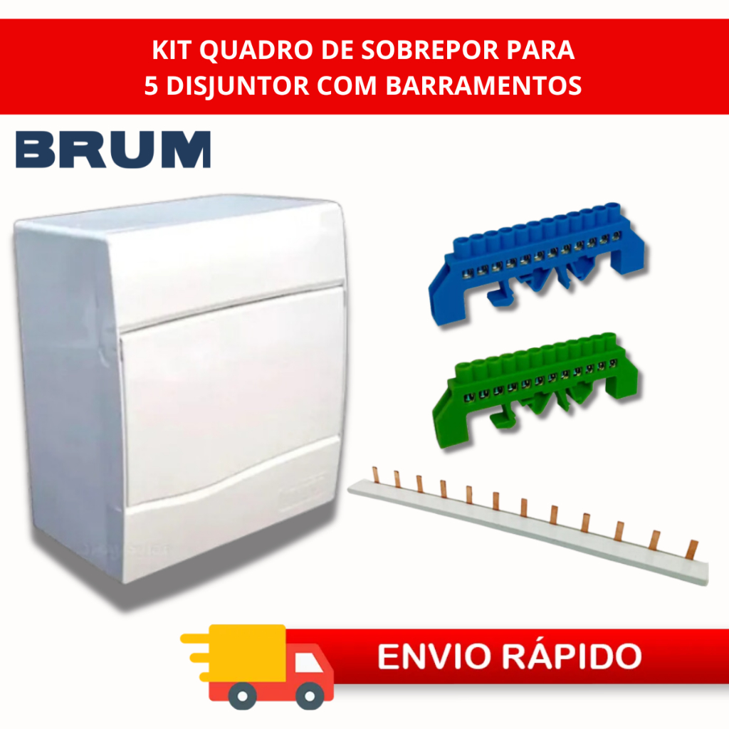 Quadro Distribuição Sobrepor 5 Disjuntor Brum Barramento pent Unipolar Barramento Neutro/Terra 12DIN