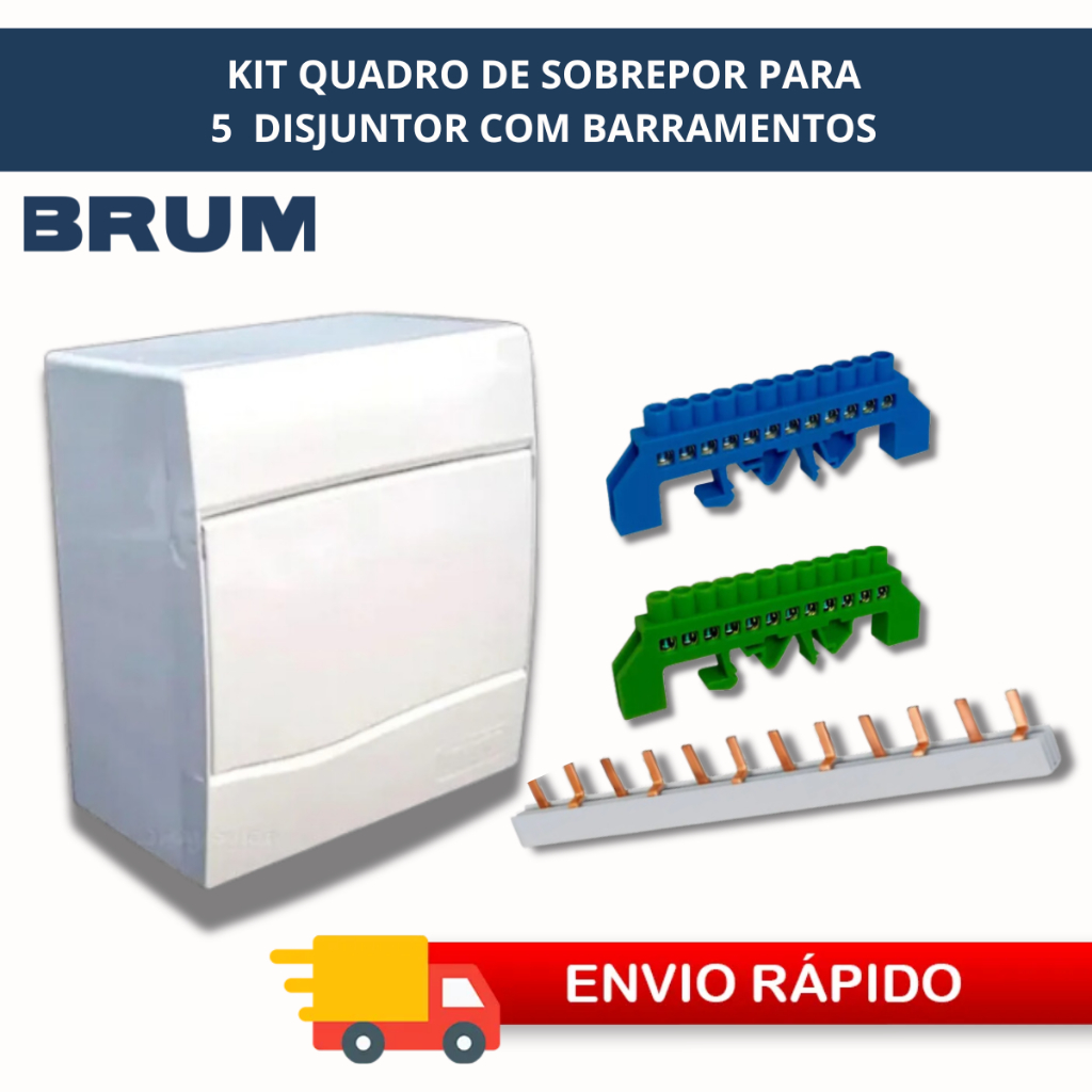Quadro Distribuição Sobrepor 5 Disjuntor Brum Barramento pente Bipolar Barramento Neutro/Terra 12DIN